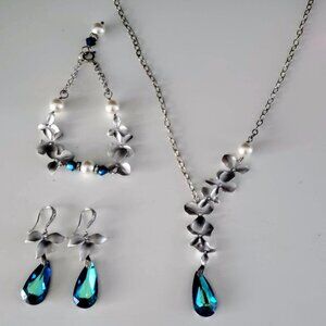 VIVIAN FEILER SET Necklace/Bracelet/Earrings Silver Bermuda Blue Orchid Pearl CZ